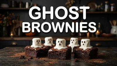Ghost Brownies al cioccolato decorati con fantasmi di marshmallow e glassa bianca per Halloween