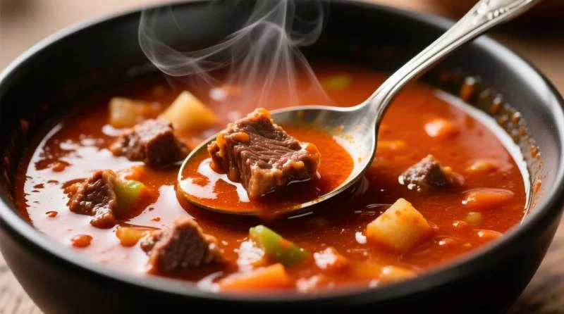 Goulash ungherese come zuppa densa da mangiare con il cucchiaio