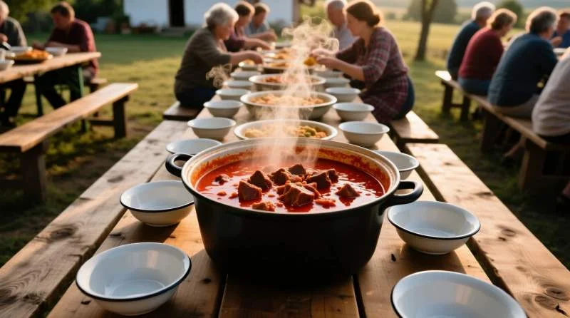 Goulash ungherese servito in una grande pentola durante feste comunitarie