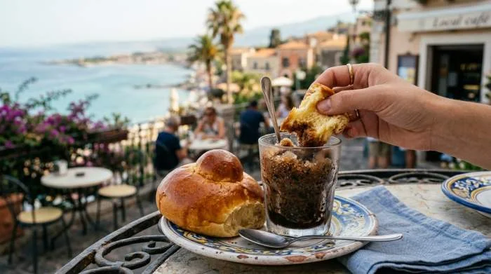 Granita al caffè servita con brioche col tuppo, colazione tradizionale siciliana