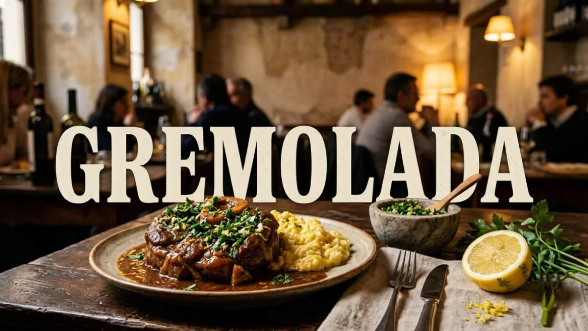 Gremolada lombarda con prezzemolo aglio e scorza di limone servita su ossobuco alla milanese