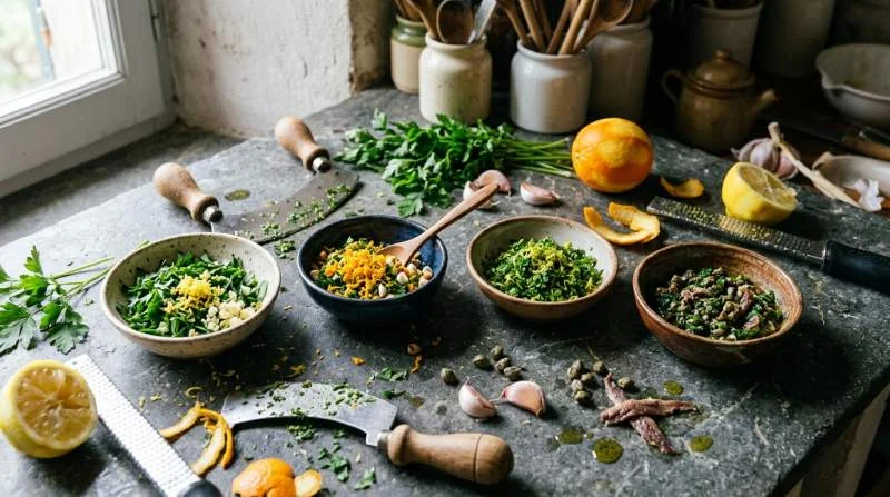 Varianti della gremolada italiana con limone, arancia, acciughe, capperi e prezzemolo disposte sul piano di una cucina
