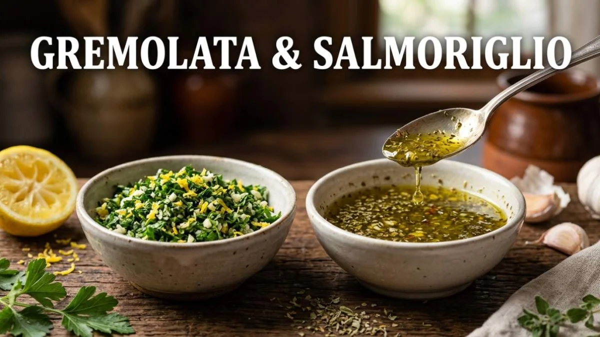 Gremolata verde e salmoriglio dorato serviti in ciotole con ingredienti freschi come prezzemolo limone e aglio