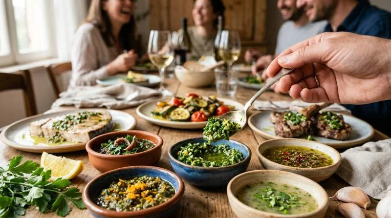 Ciotole di gremolata e salmoriglio con prezzemolo, limone, aglio e origano su tavola rustica
