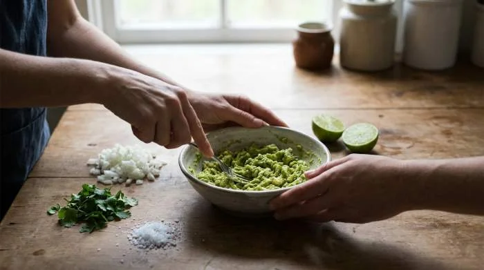 Guacamole preparato con ingredienti freschi e semplici della cucina messicana