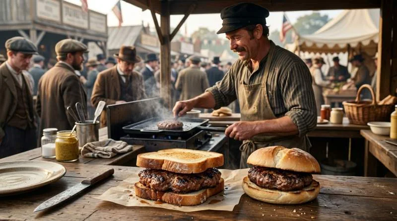 Hamburger americano in stile storico servito nel pane presso un venditore tra Ottocento e Novecento