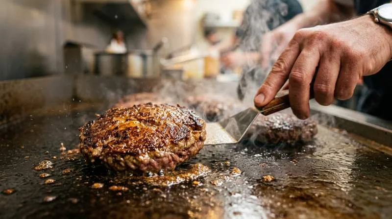 Hamburger di manzo sulla piastra rovente con crosta dorata e caramellizzata formata dalla reazione di Maillard