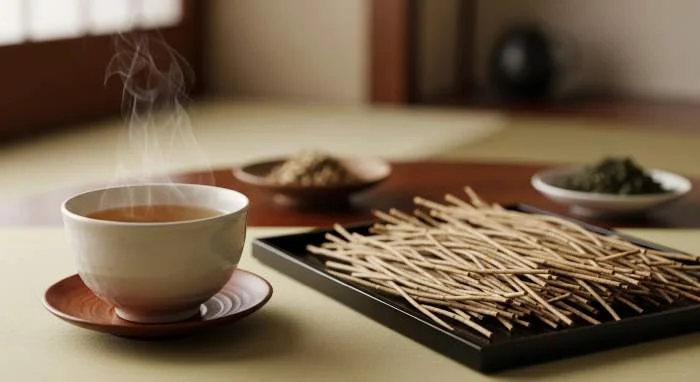 Tè hojicha giapponese dal sapore morbido preparato con steli tostati