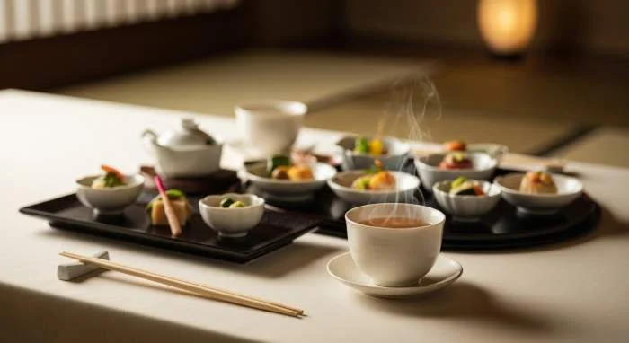 Hojicha servito come finale equilibrato di un pasto kaiseki moderno