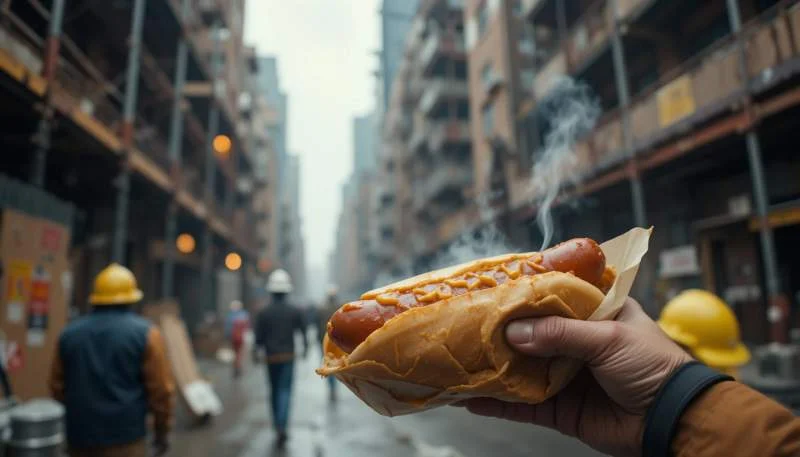 Hot dog caldo mangiato da un lavoratore nelle strade affollate di New York