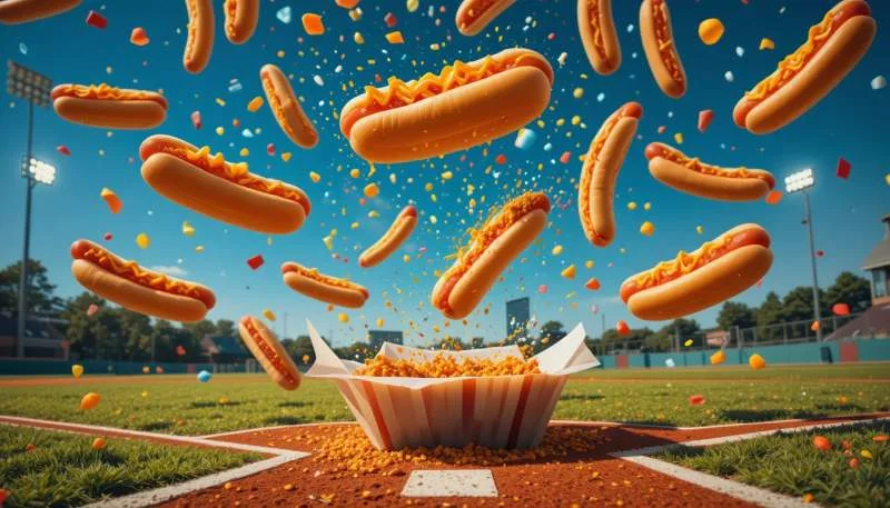 Hot dog sospesi in aria con senape in movimento e atmosfera giocosa americana