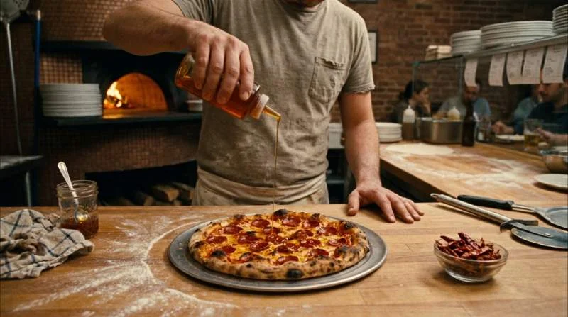 Pizzaiolo versa miele piccante al peperoncino su una pizza appoggiata al banco di una pizzeria di Brooklyn