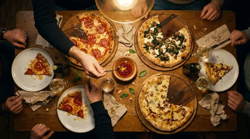 Miele piccante servito con pizze al salame salsiccia formaggi noci e guanciale durante una cena condivisa