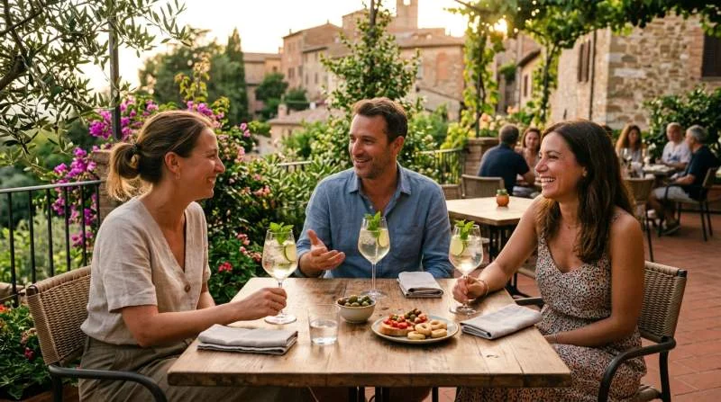 Amici che brindano con Hugo Spritz su una terrazza italiana durante un aperitivo estivo
