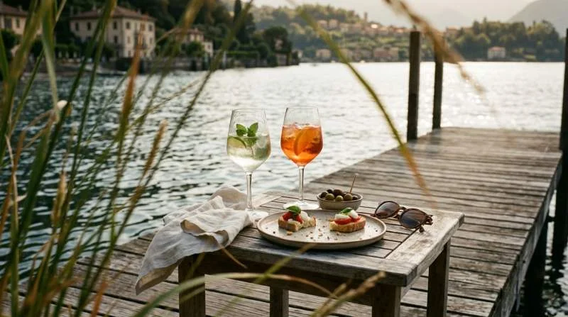 Hugo Spritz chiaro e Spritz Veneziano arancione su un tavolo durante un tranquillo aperitivo estivo sul lago