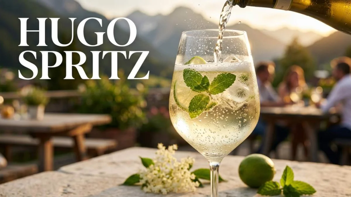 Hugo Spritz con prosecco ghiaccio menta fresca e lime servito freddo su una terrazza estiva