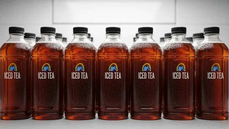 Tè freddo industriale in bottiglia di vetro con ghiaccio e fette di limone