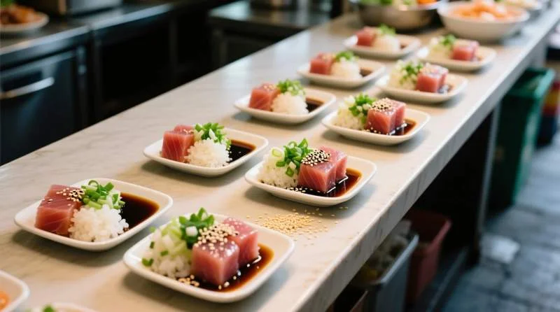Ingredienti del poke disposti nei mercati hawaiani secondo combinazioni tradizionali