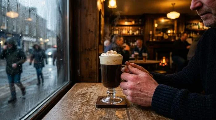 Caffè irlandese caldo con whiskey e panna servito come bevanda confortante