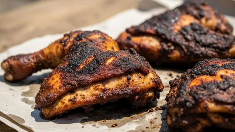 Jerk chicken su piatto con contorno di riso e fagioli, marinato con spezie tradizionali giamaicane