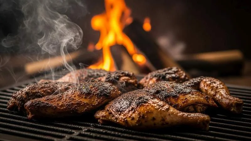 Jerk chicken su griglia con fiamme, simbolo della resistenza culturale giamaicana
