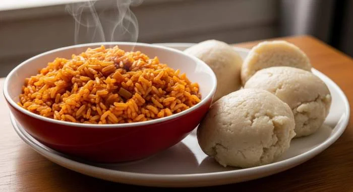 Jollof rice servito accanto a fufu in un pasto tradizionale africano