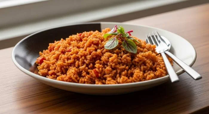 Jollof rice moderno con reinterpretazioni contemporanee della ricetta tradizionale