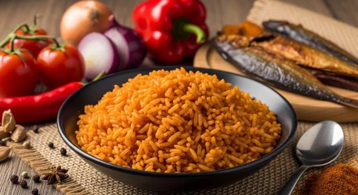 jollof rice su piatto decorato con rotte commerciali africane antiche