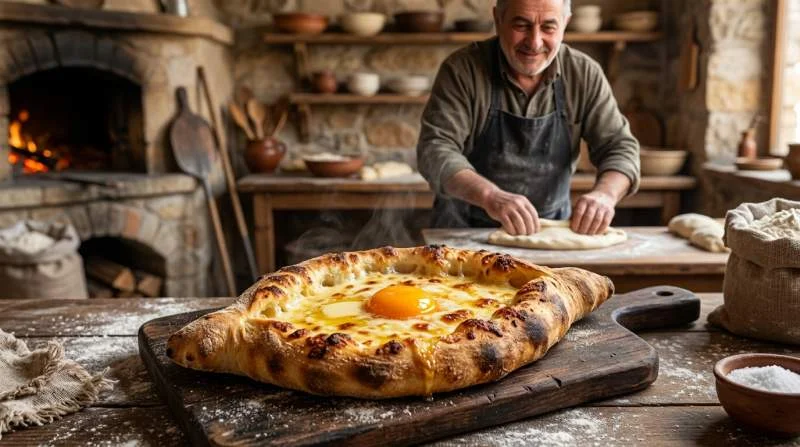 Khachapuri georgiano appena sfornato con formaggio fuso uovo e burro preparato secondo la tradizione locale