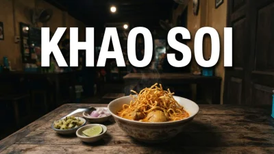 Khao Soi di Chiang Mai con noodles, curry al cocco, pollo e noodles croccanti in un ristorante del Nord della Thailandia