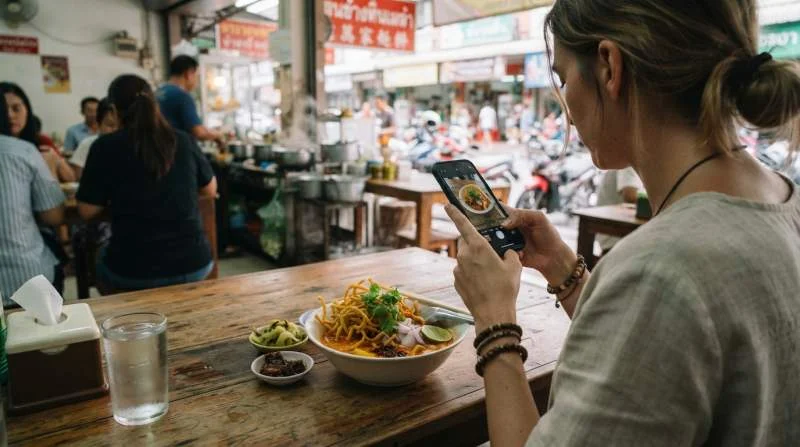 Khao Soi fotografato da un viaggiatore a Chiang Mai, con curry giallo, noodles fritti, lime e coriandolo