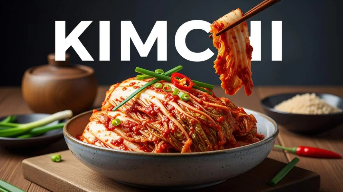 Kimchi coreano lucido servito con bacchette e foglie di cavolo fermentato
