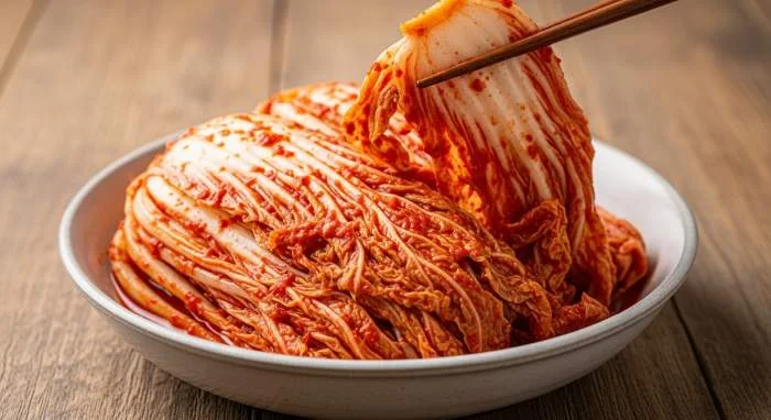 Kimchi coreano rosso e croccante con foglie di cavolo fermentato