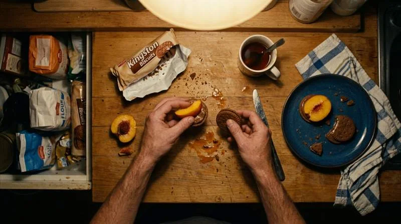 Kingston biscuits e pesche combinati spontaneamente con semplici ingredienti trovati nella dispensa