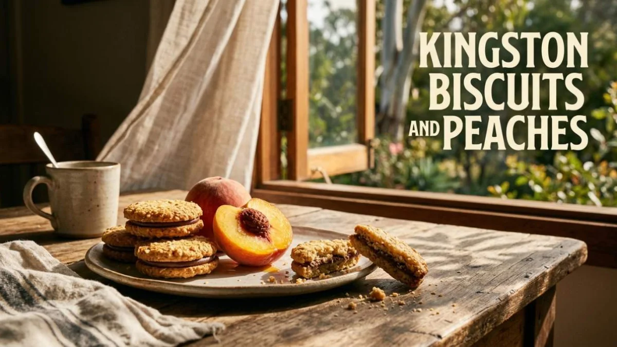 Kingston biscuits australiani con ripieno al cioccolato serviti insieme a pesche fresche e mature