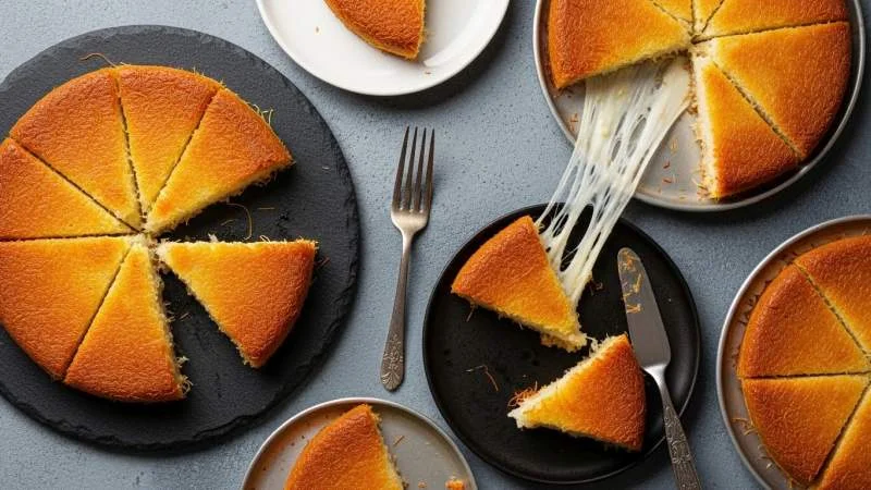 Knafeh Nabulsi con formaggio filante e pistacchi su piatto