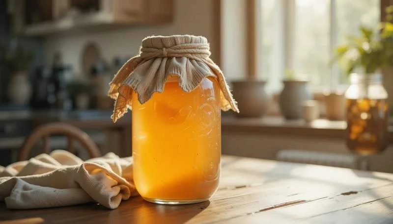 Kombucha fermentata in barattolo di vetro con tè torbido e SCOBY visibile