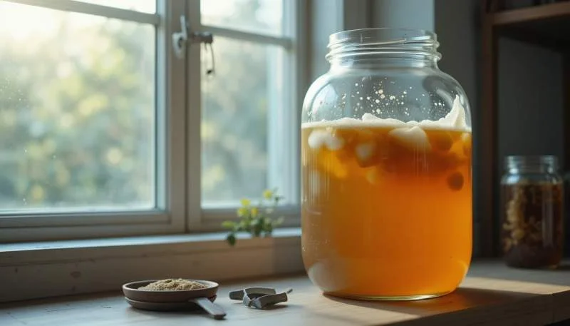 Kombucha in fermentazione osservata lentamente mentre il tempo diventa ingrediente