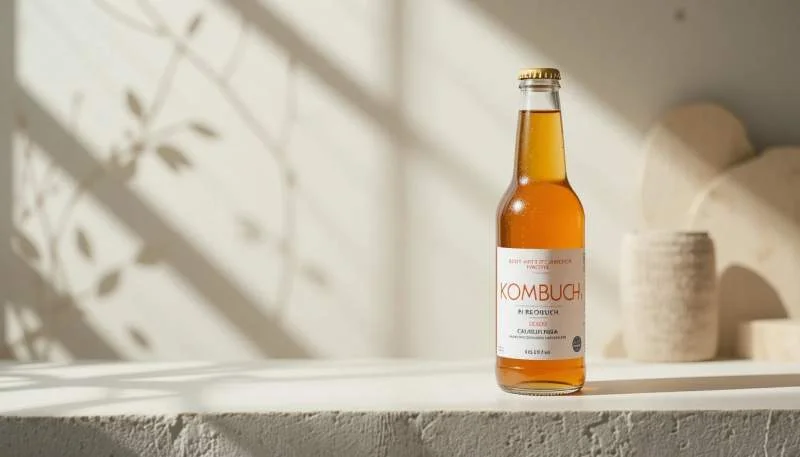 Kombucha servita in bicchiere con limone e menta su sfondo chiaro