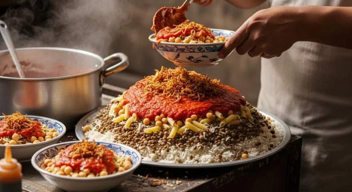 Koshari egiziano servito come cibo di strada per la classe lavoratrice