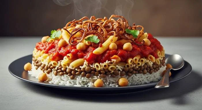 Koshari con lenticchie, riso e pasta come simbolo della cucina egiziana multiculturale