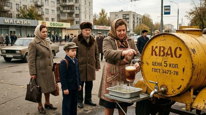 Barili gialli di kvas venduti per strada durante l’epoca sovietica