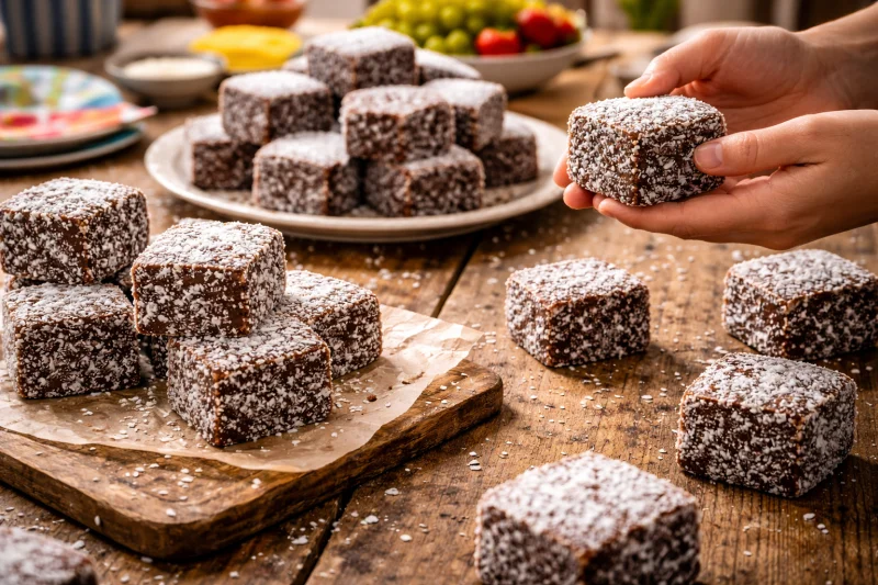 Lamington ricoperti di cioccolato e cocco, simbolo della pasticceria australiana