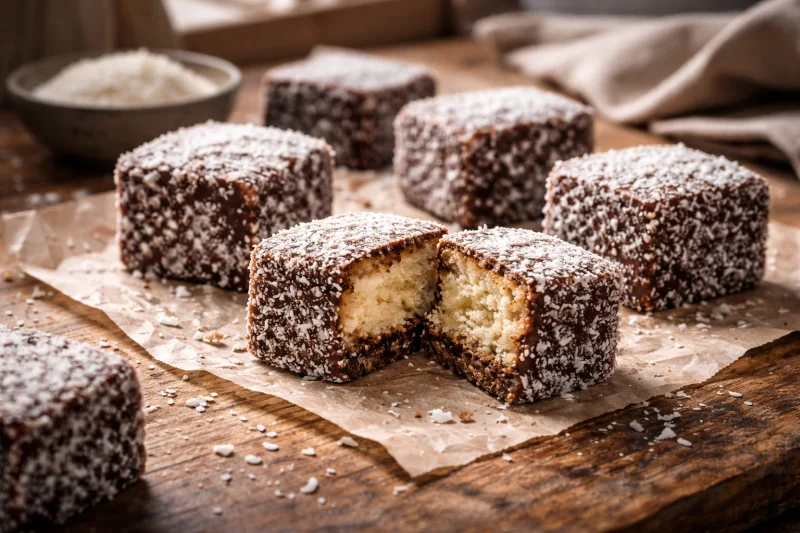 Lamington al cioccolato e cocco su piatto bianco con tovagliolo a quadri
