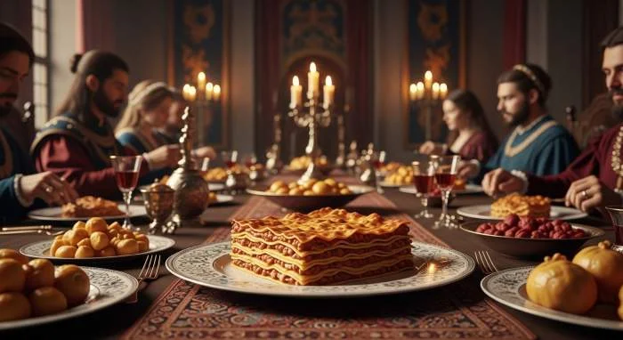 Sfoglie di pasta condite con formaggio e spezie in un banchetto medievale