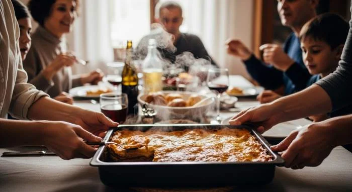Lasagna della domenica condivisa da una famiglia italiana a tavola