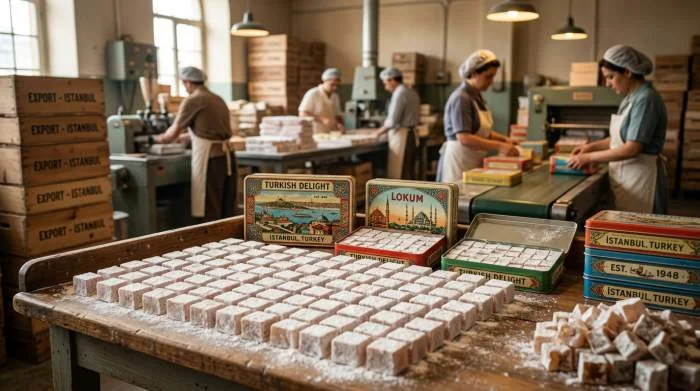 Lokum industriale turco esportato negli anni Cinquanta in scatole decorative