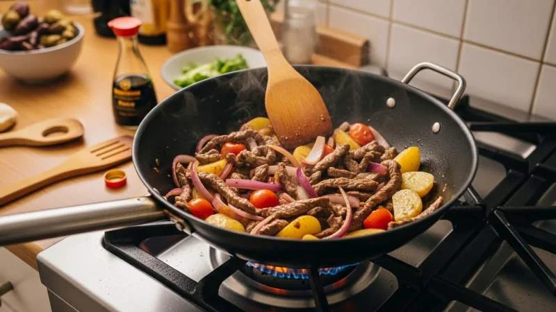 Lomo saltado preparato in cucina domestica con wok ampio come pasto quotidiano