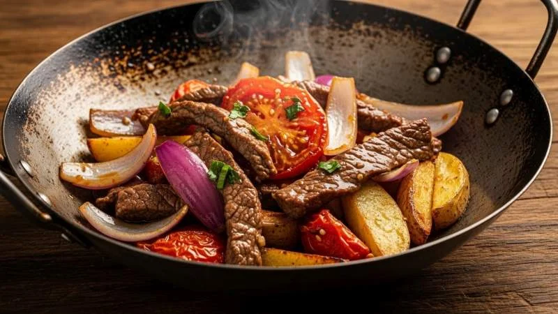Lomo saltado nel wok con manzo, cipolla rossa, patate andine e salsa di soia