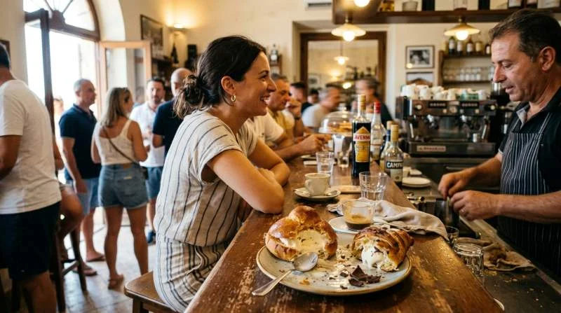 Brioche con gelato e croissant al cioccolato durante una colazione estiva in un bar italiano
